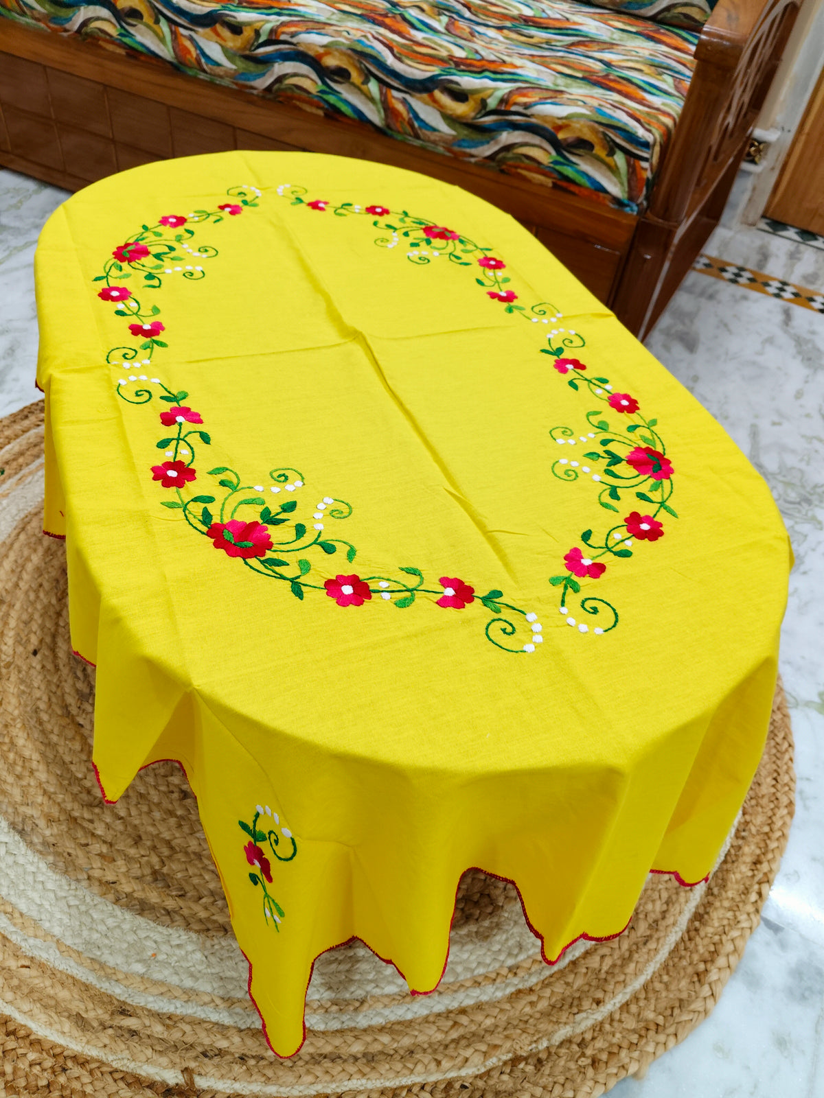 Hand Embroidered Four Seater Floral Table Cover