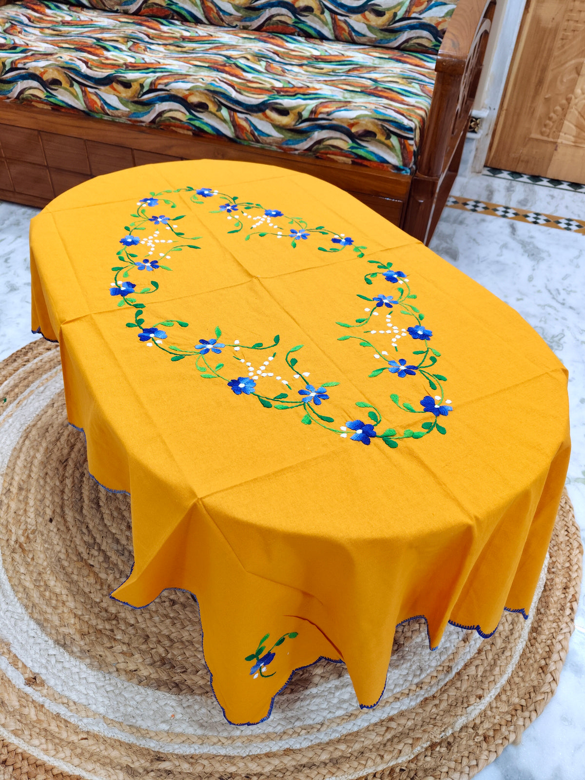 Hand Embroidered Four Seater Floral Table Cover
