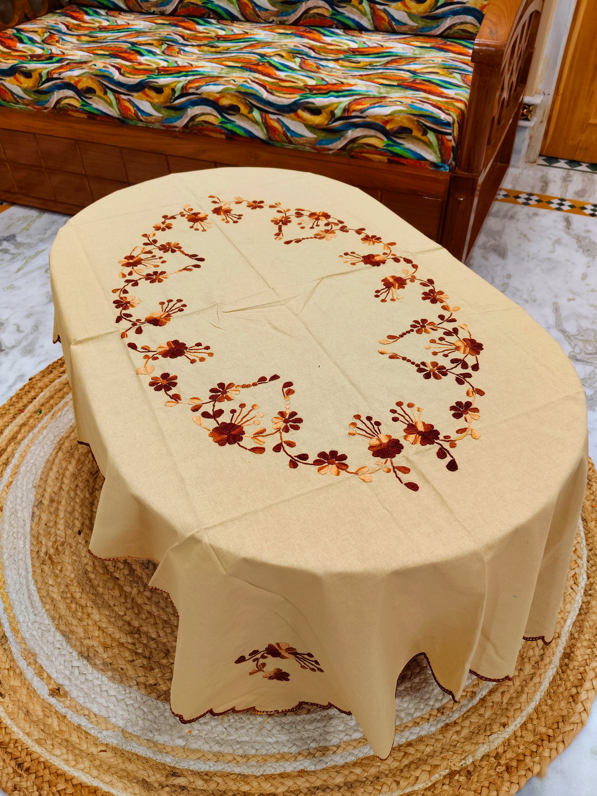 Hand Embroidered Four Seater Floral Table Cover