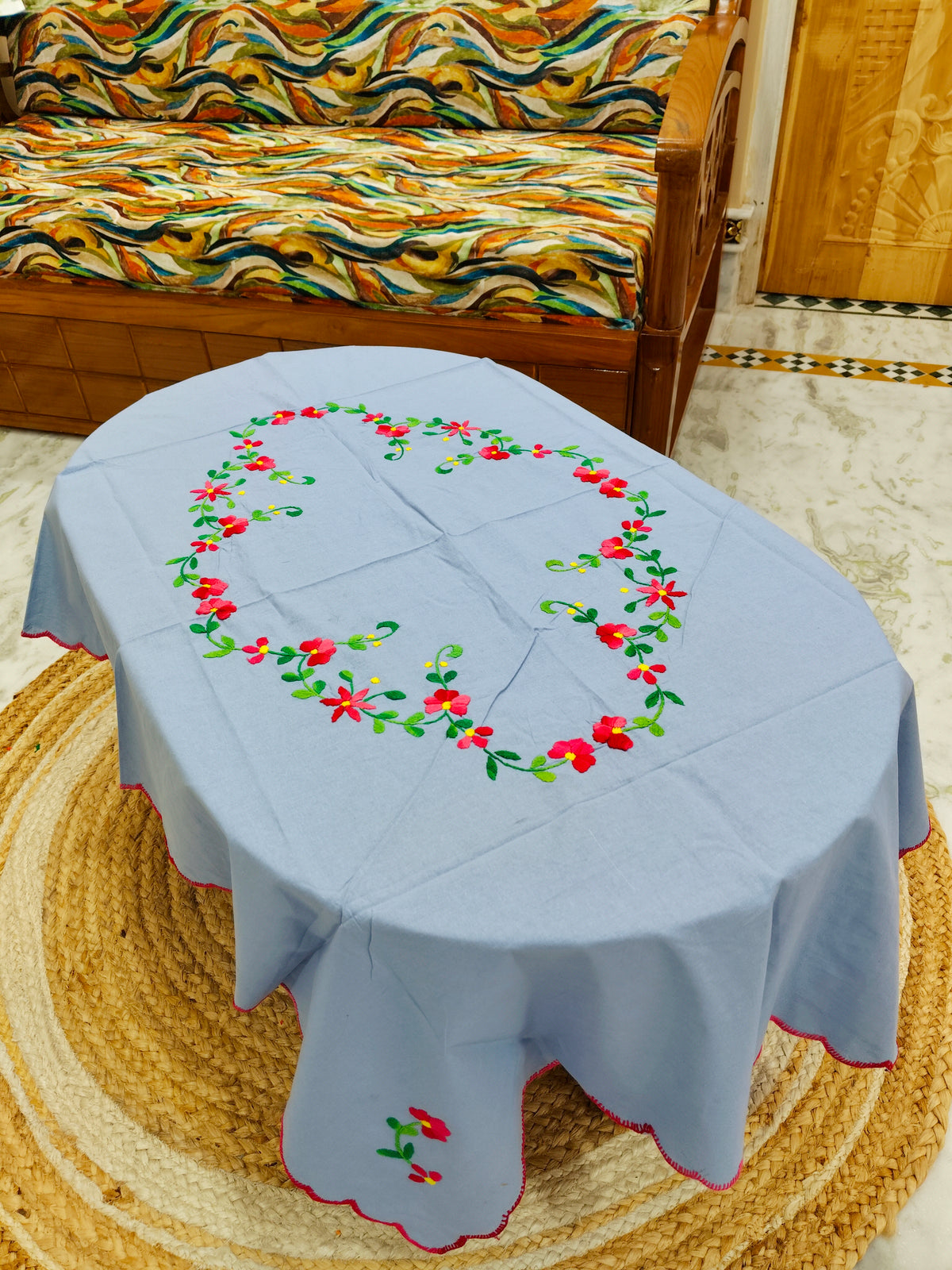Hand Embroidered Four Seater Floral Table Cover