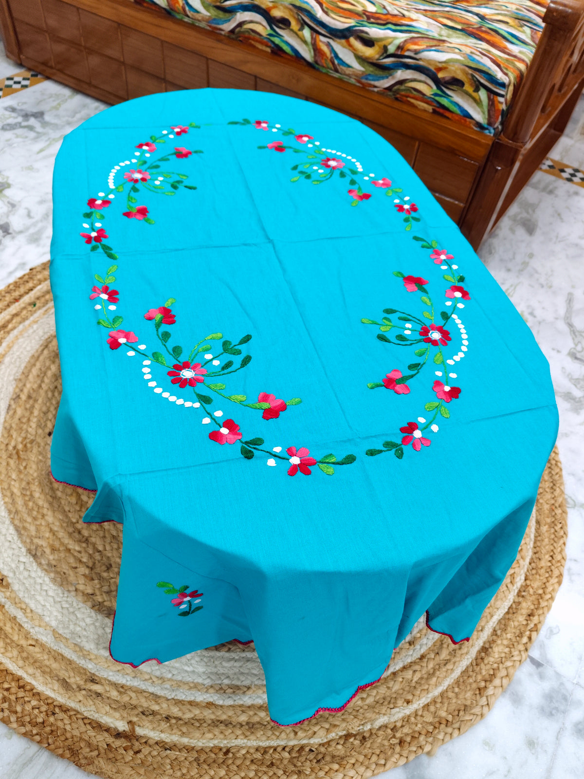 Hand Embroidered Four Seater Floral Table Cover