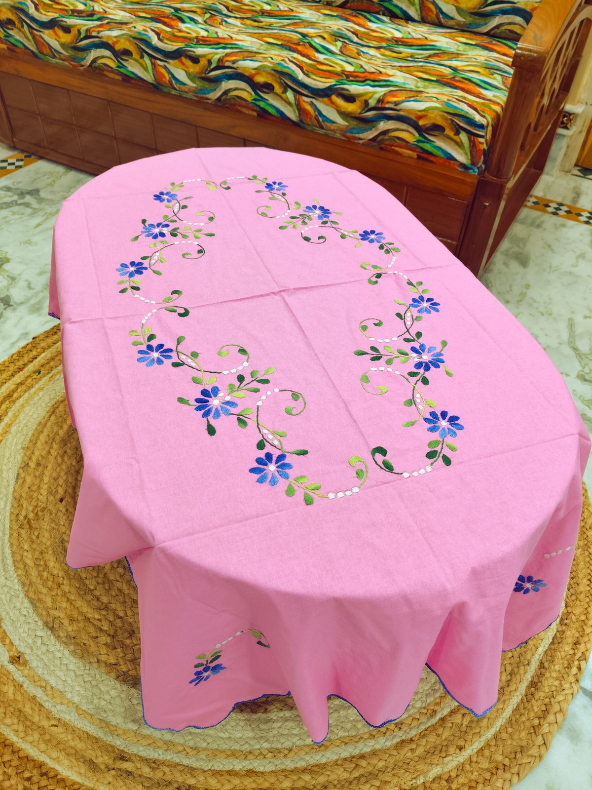 Hand Embroidered Four Seater Floral Table Cover