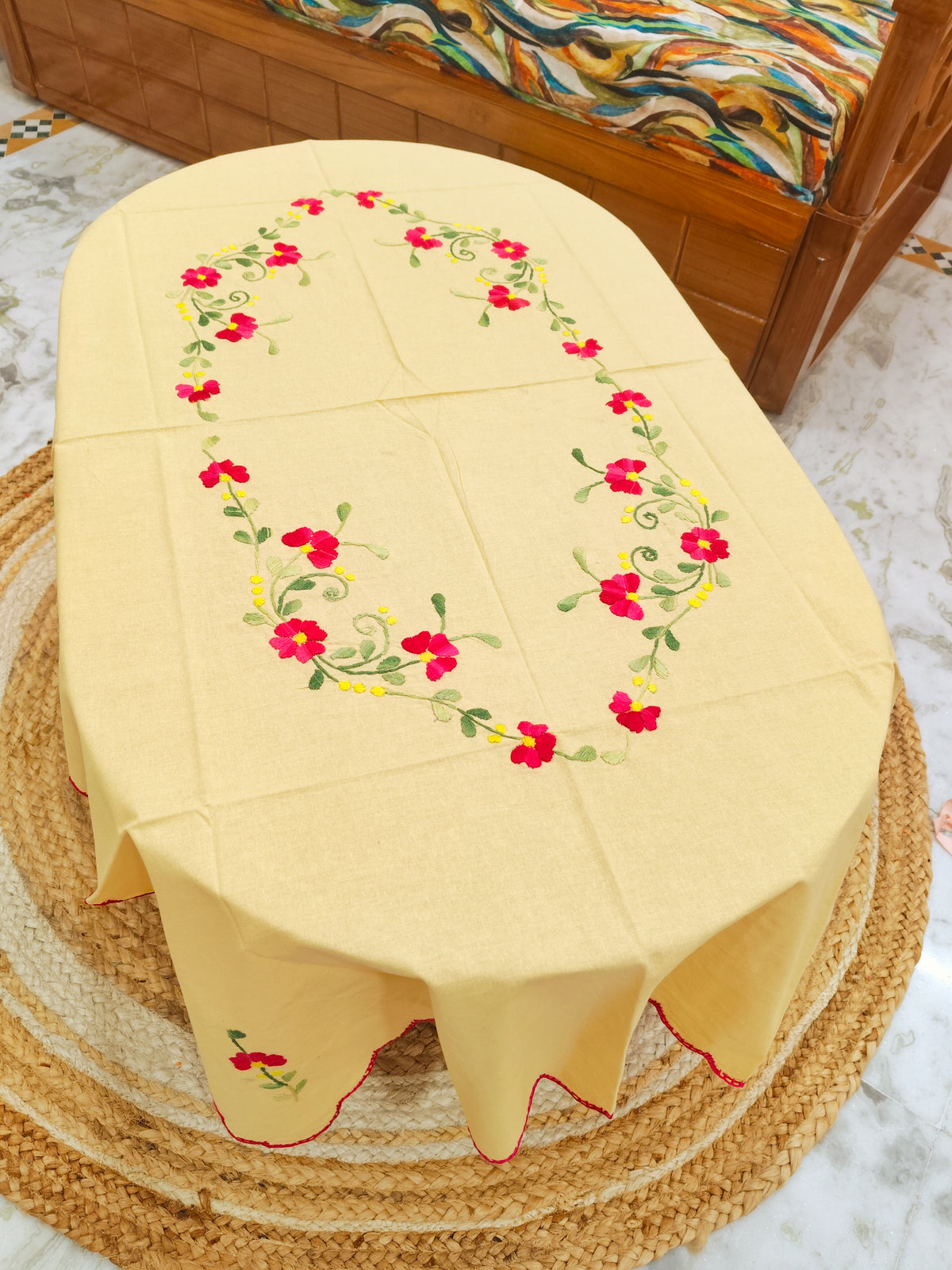 Hand Embroidered Four Seater Floral Table Cover