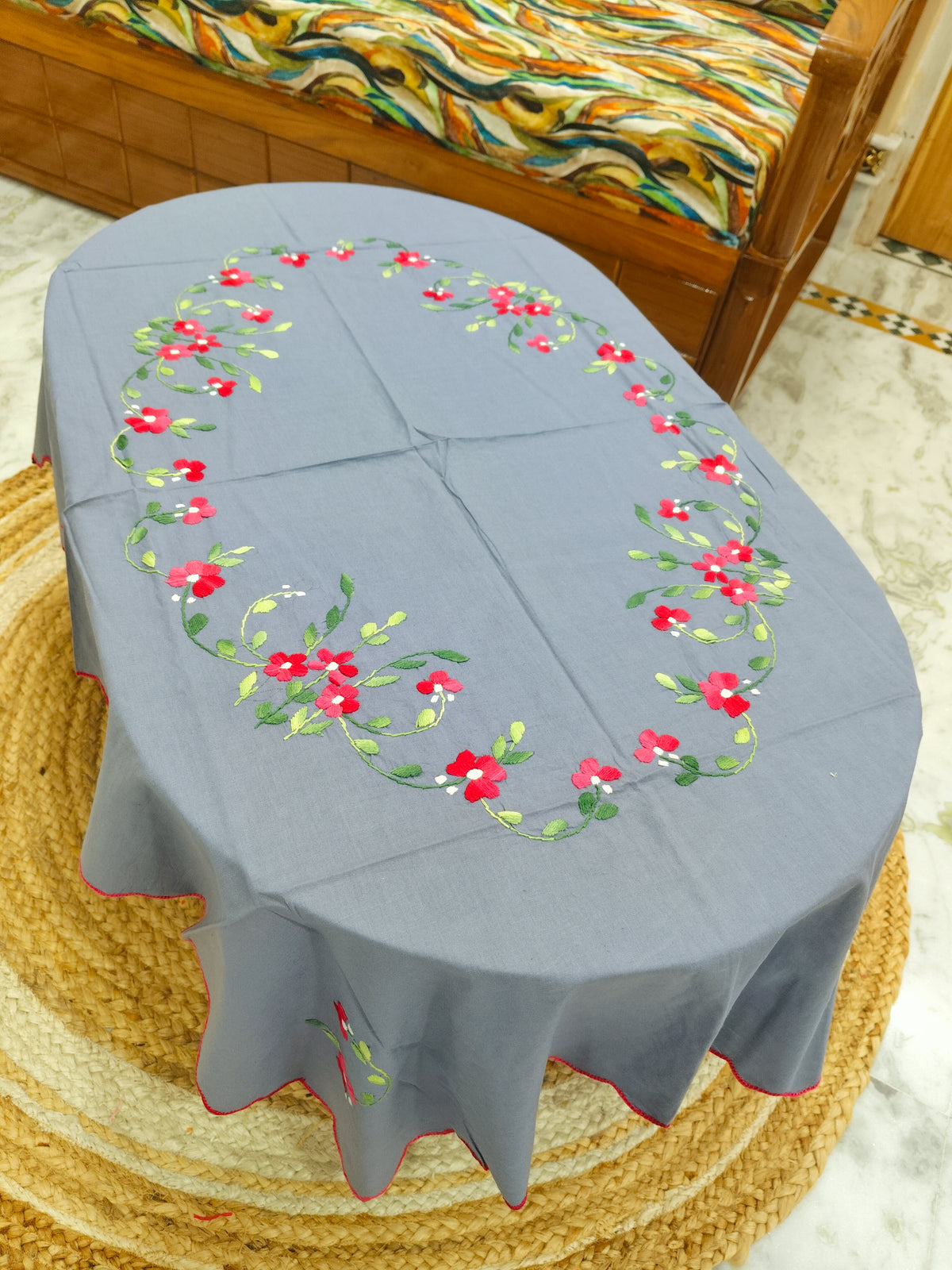 Hand Embroidered Four Seater Floral Table Cover