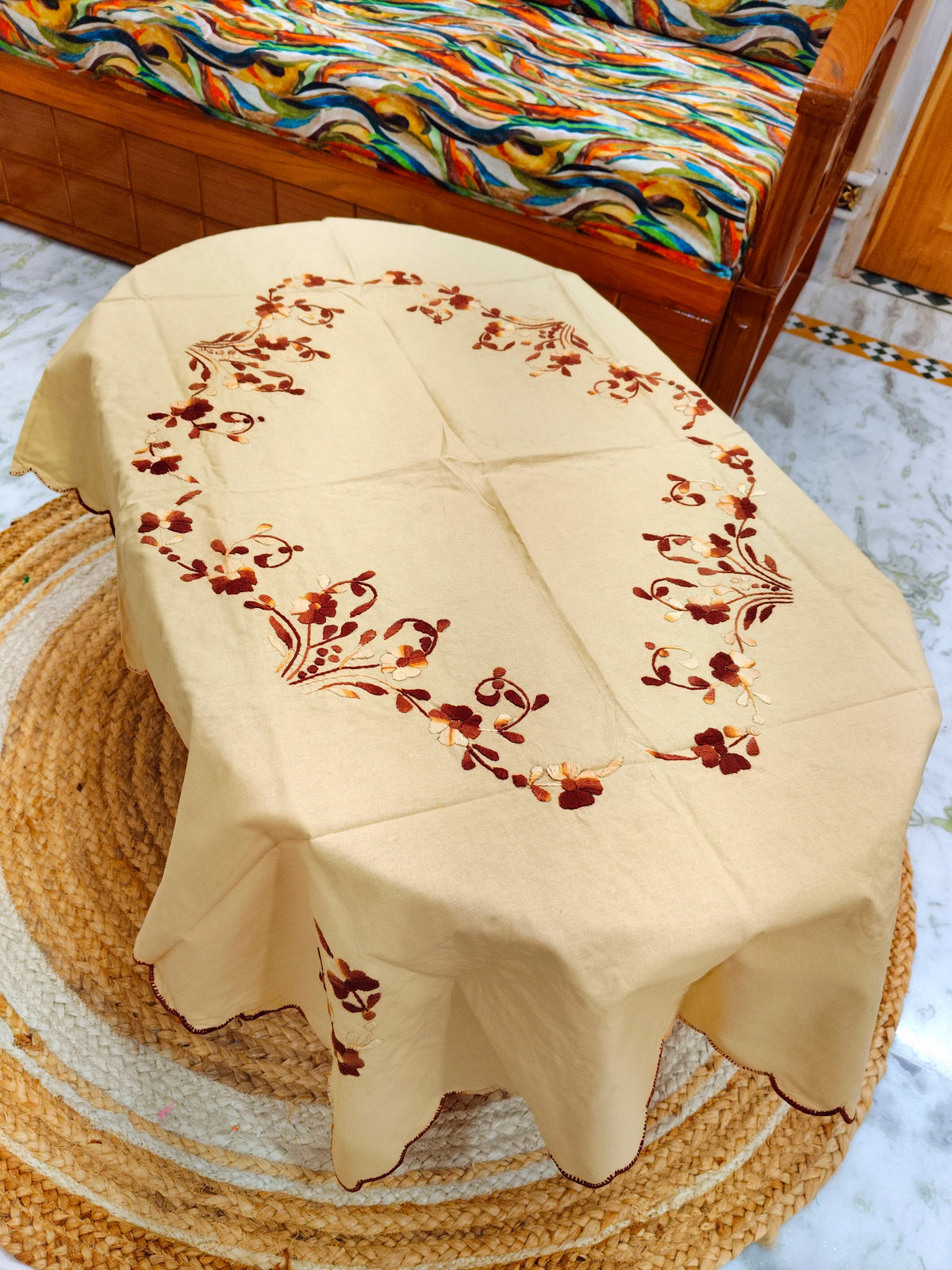 Hand Embroidered Four Seater Floral Table Cover
