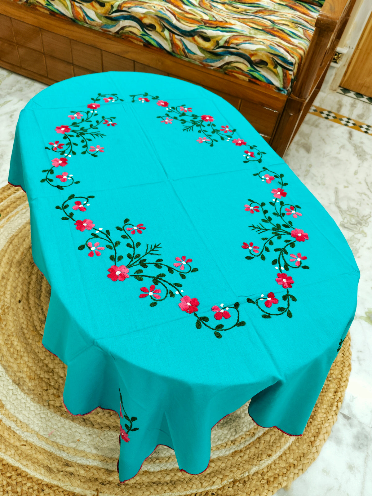 Hand Embroidered Four Seater Floral Table Cover