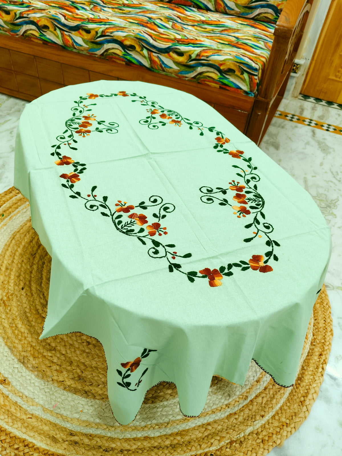 Hand Embroidered Four Seater Floral Table Cover