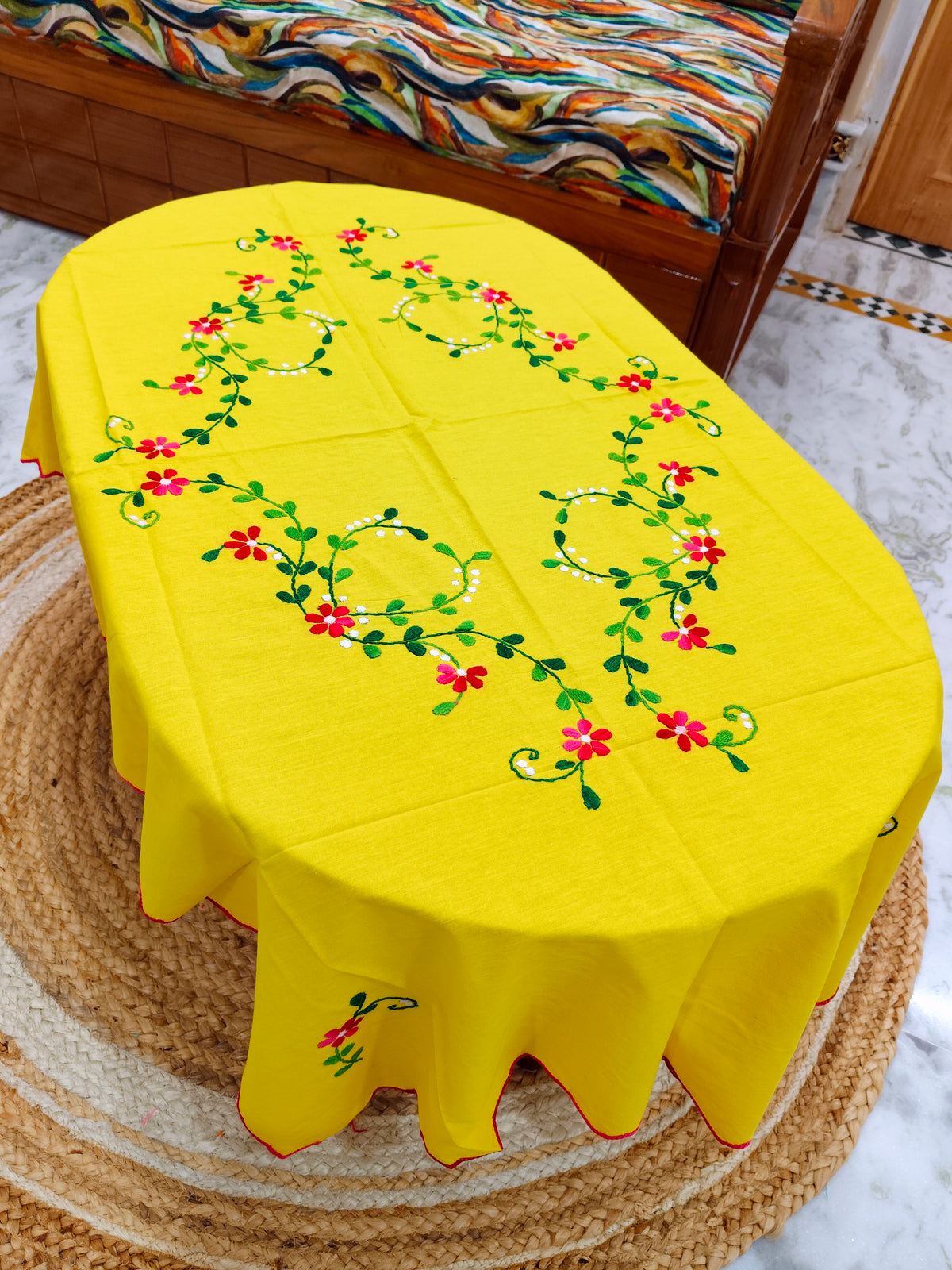 Hand Embroidered Four Seater Floral Table Cover