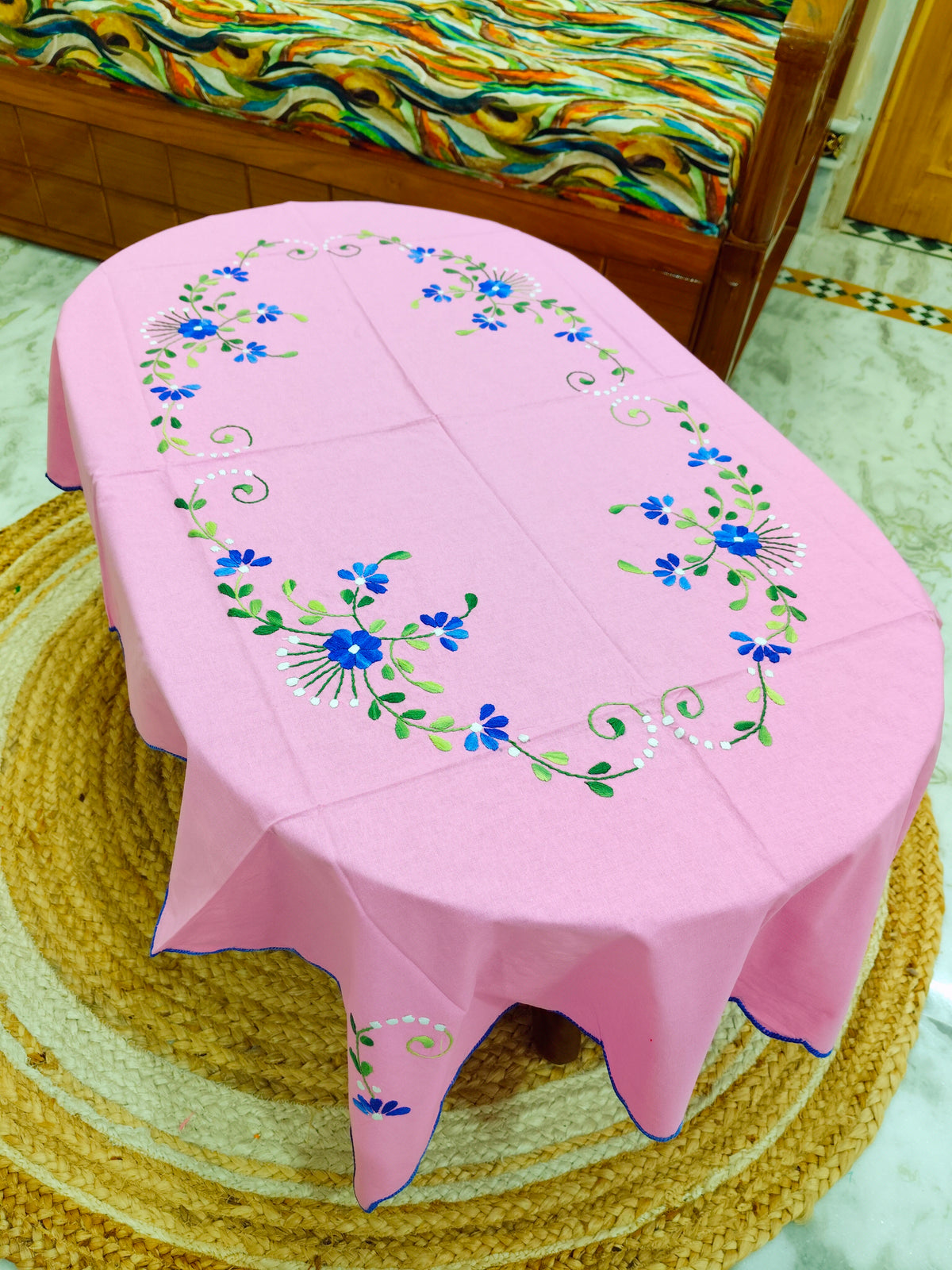 Hand Embroidered Four Seater Floral Table Cover