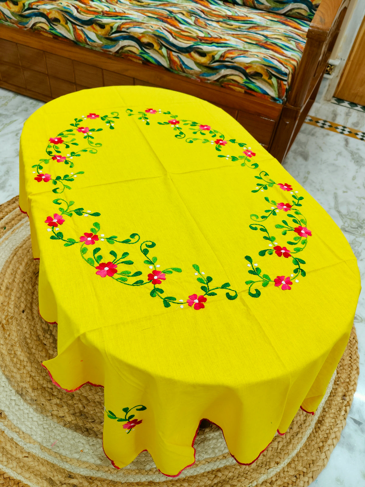 Hand Embroidered Four Seater Floral Table Cover