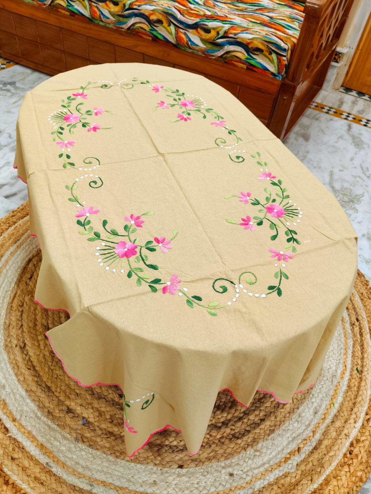 Hand Embroidered Four Seater Floral Table Cover
