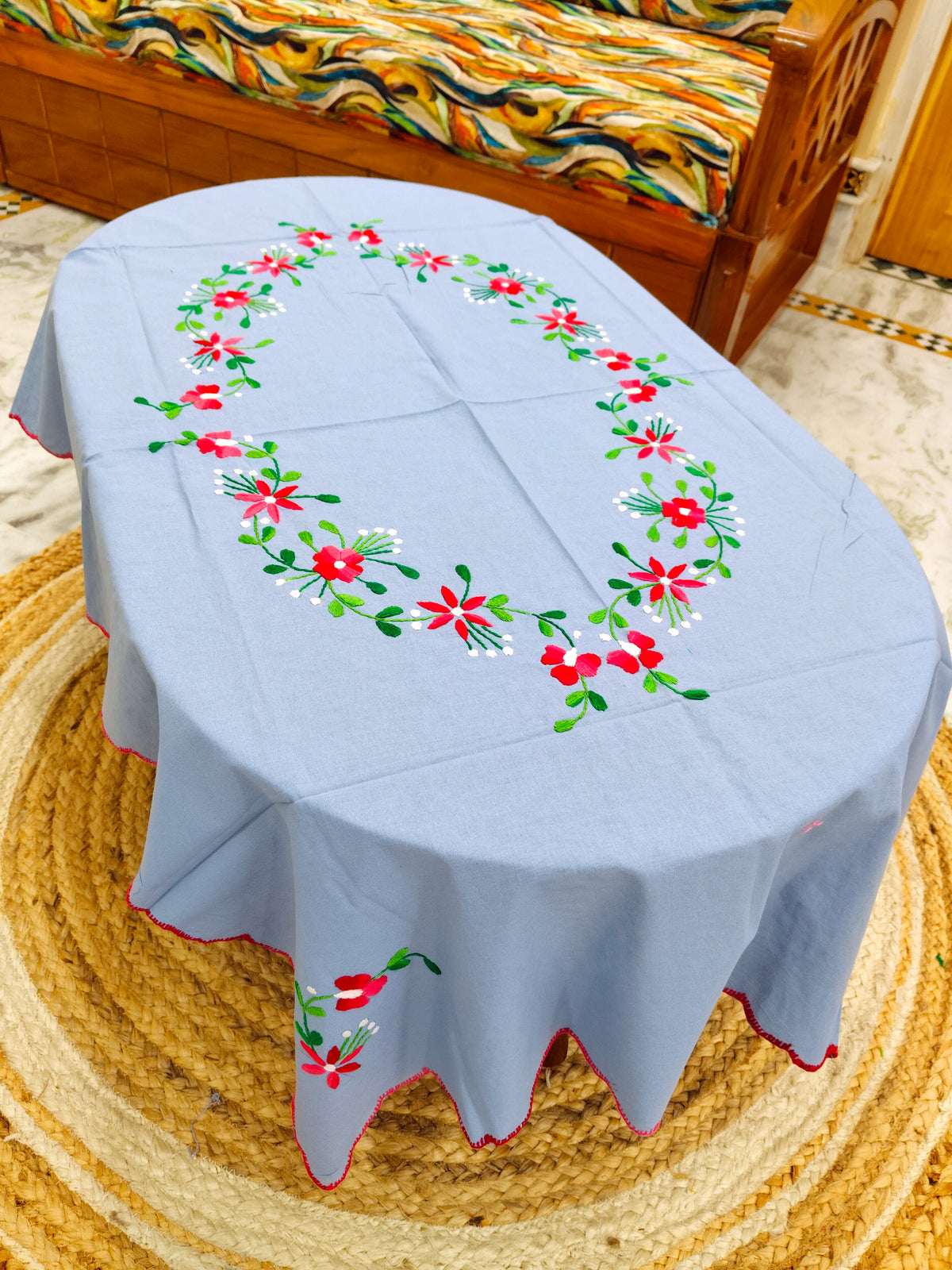 Hand Embroidered Four Seater Floral Table Cover