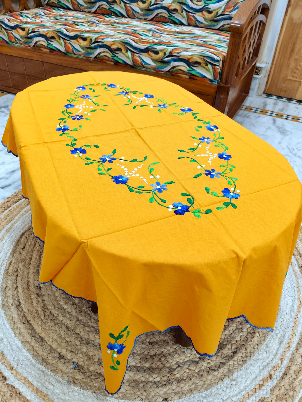 Hand Embroidered Four Seater Floral Table Cover