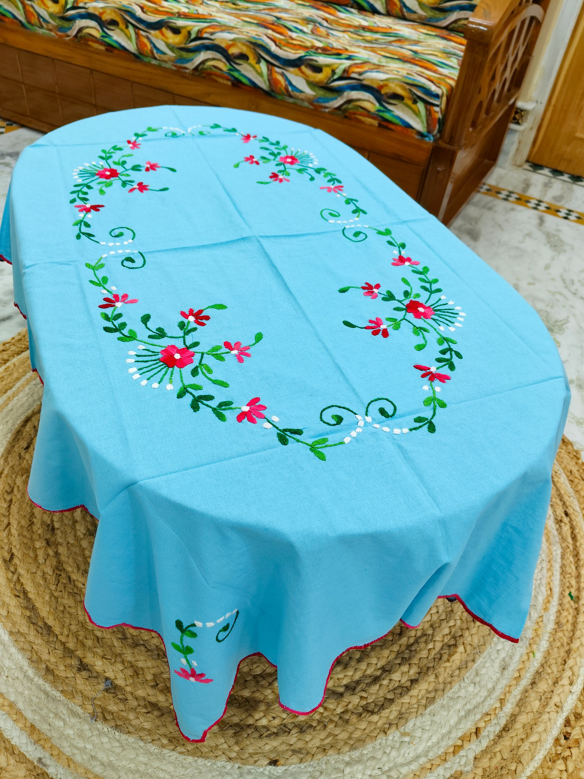 Hand Embroidered Four Seater Floral Table Cover