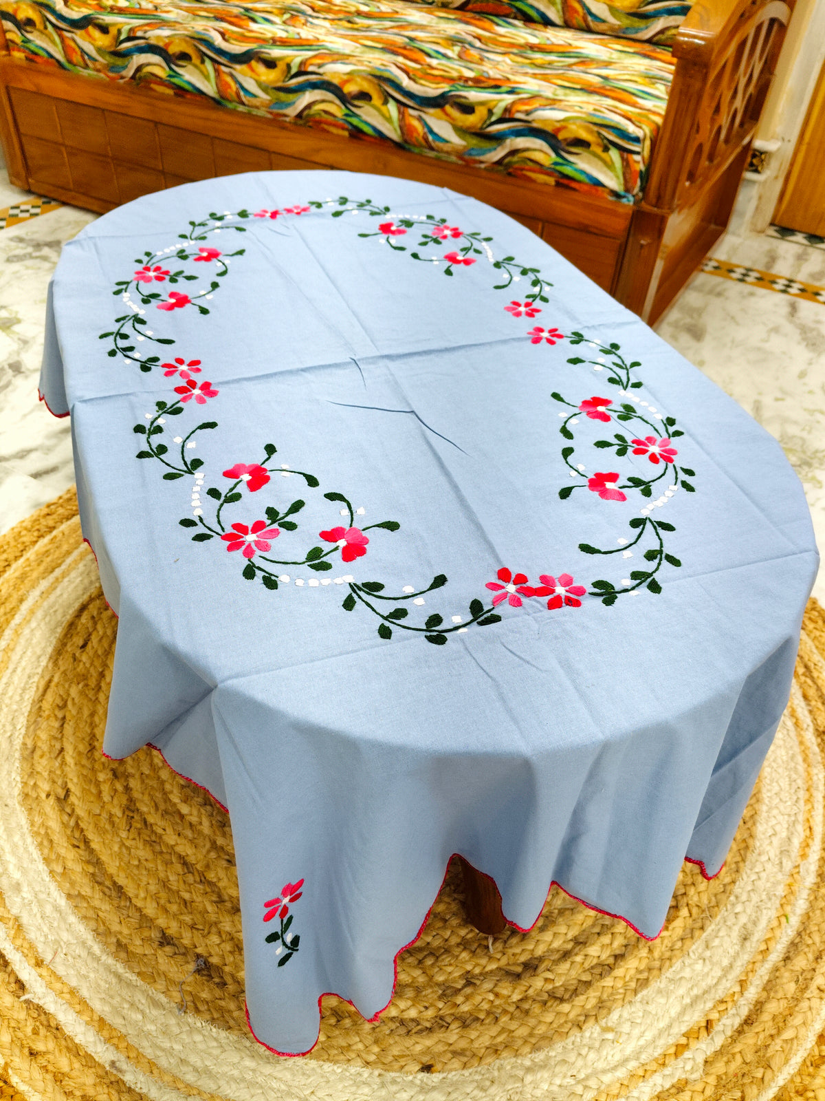 Hand Embroidered Four Seater Floral Table Cover
