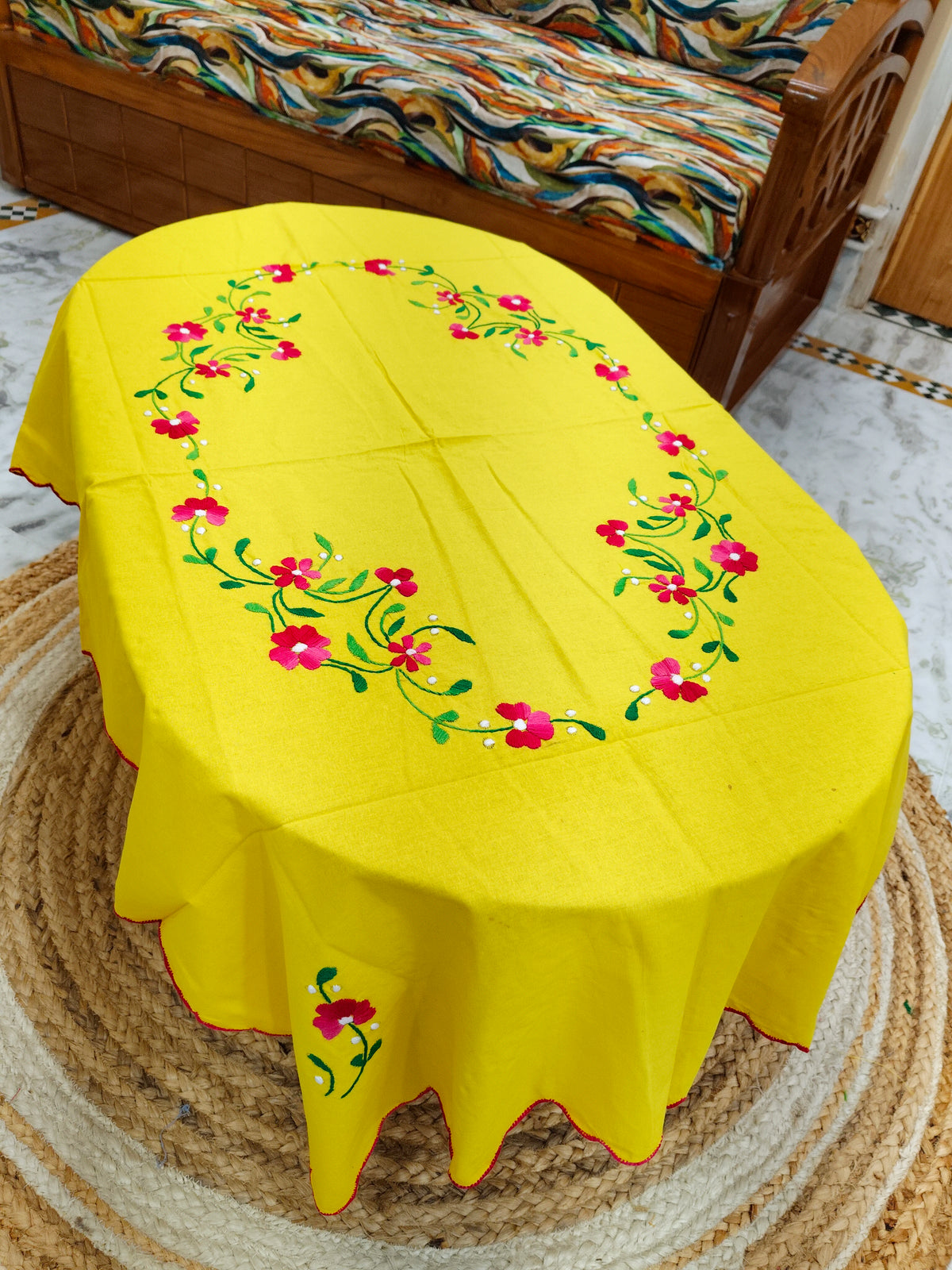 Hand Embroidered Four Seater Floral Table Cover