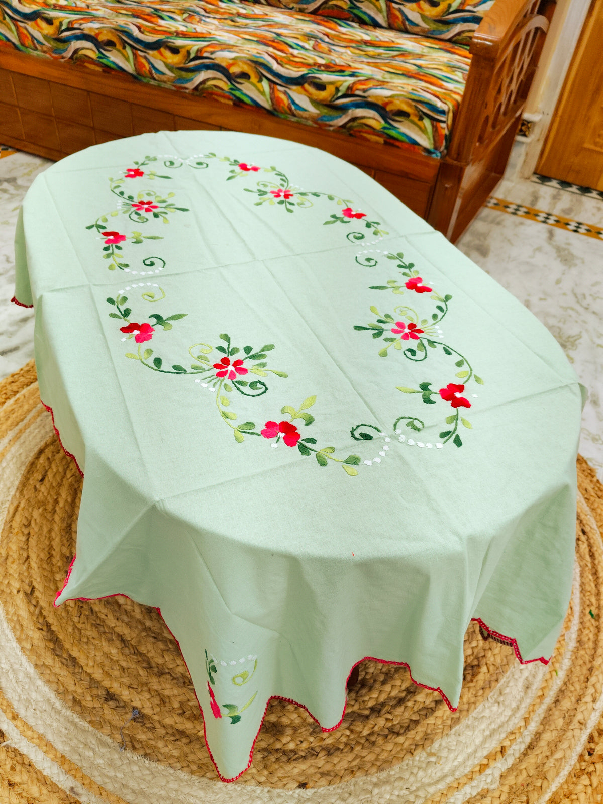 Hand Embroidered Four Seater Floral Table Cover