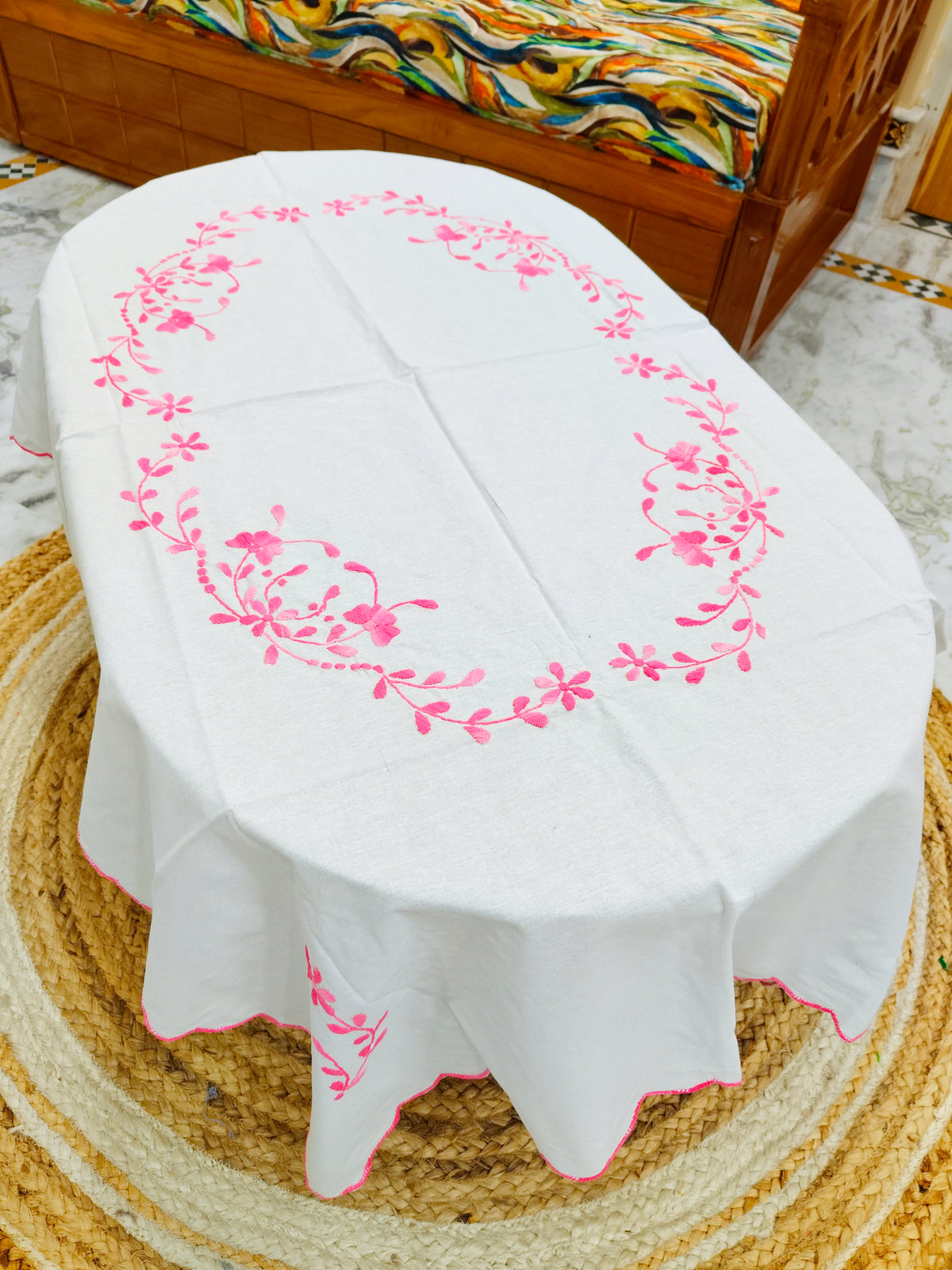 Hand Embroidered Four Seater Floral Table Cover
