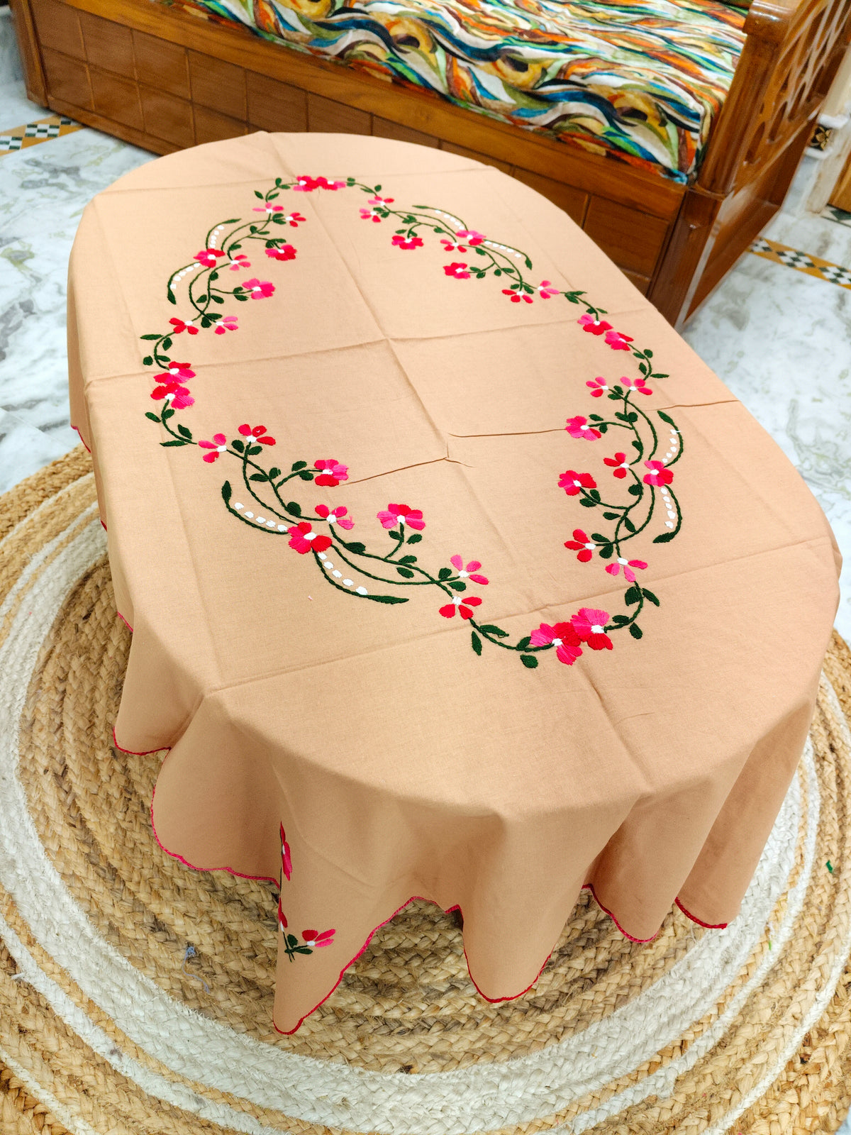 Hand Embroidered Four Seater Floral Table Cover