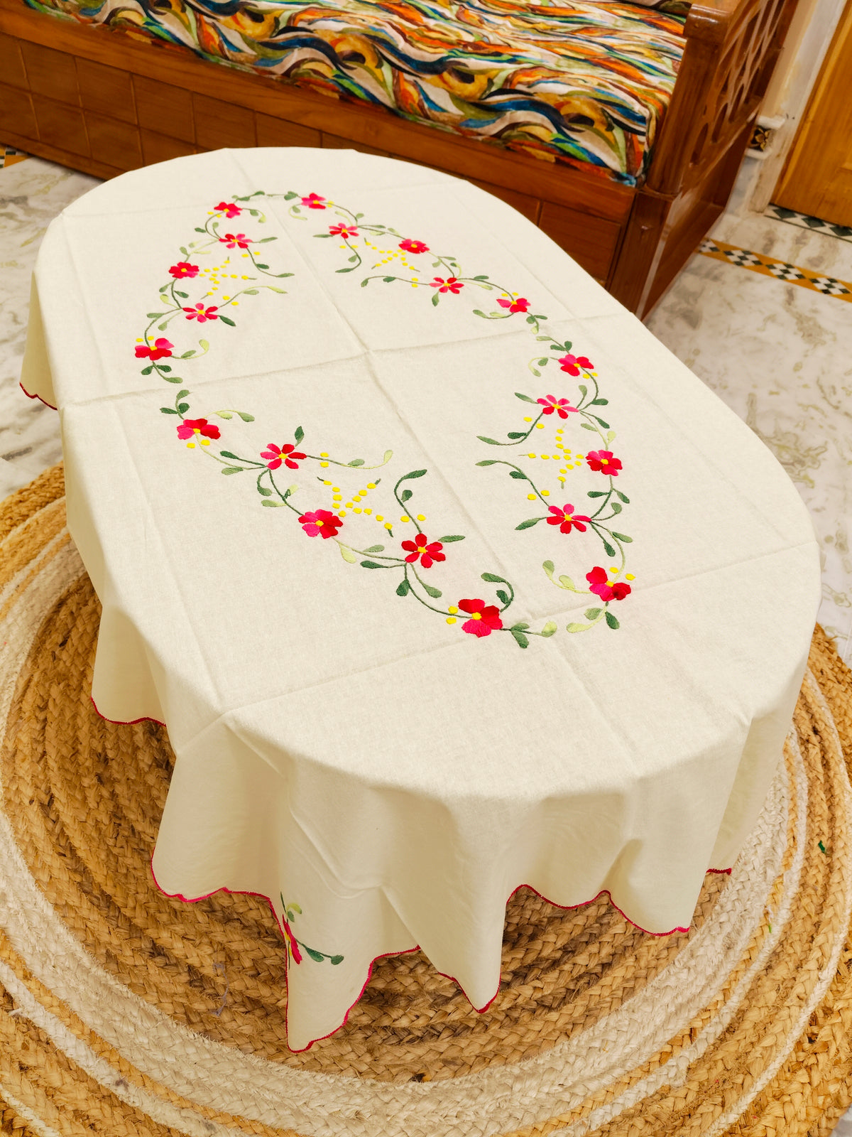 Hand Embroidered Four Seater Floral Table Cover