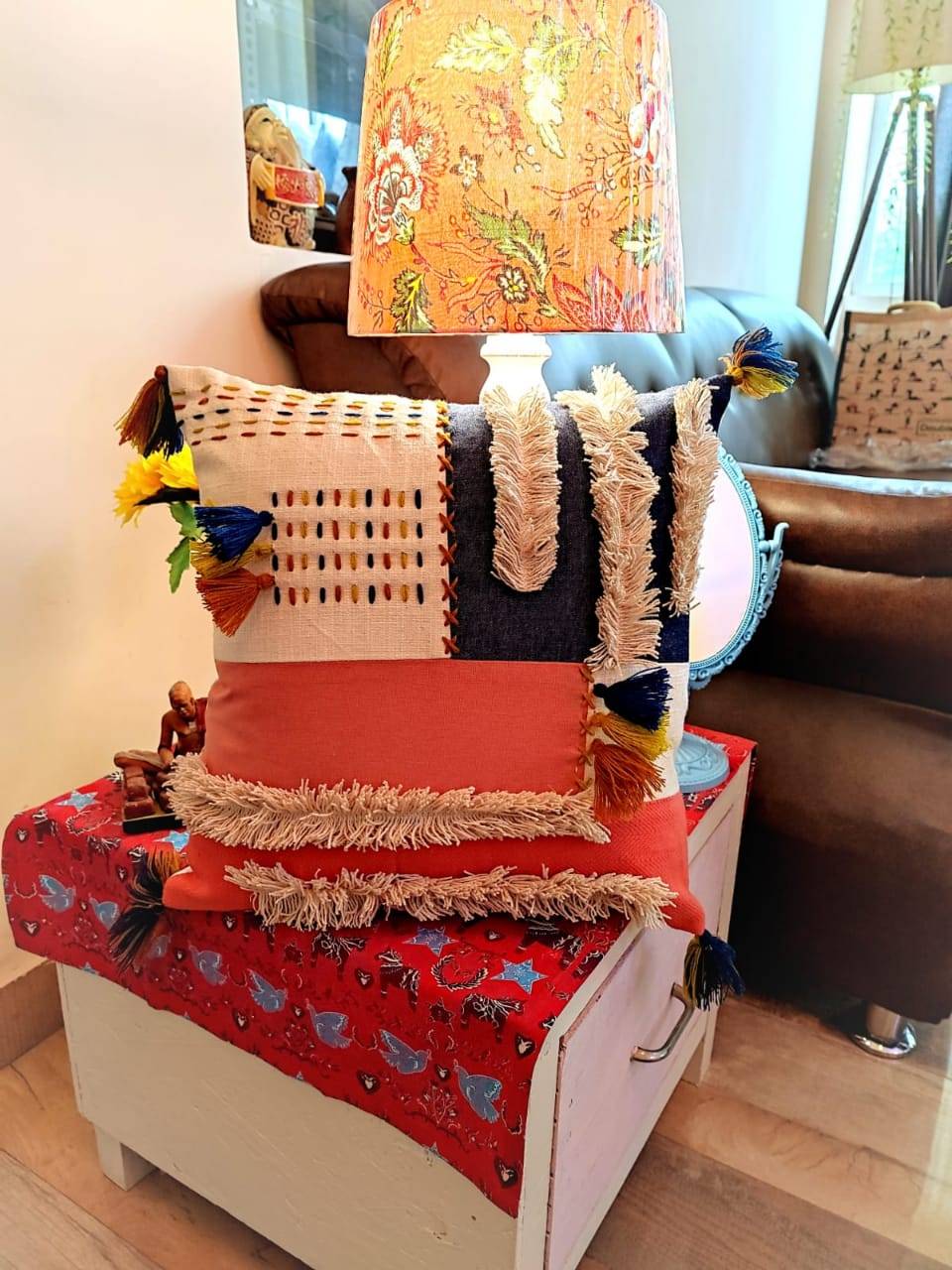 Chikonwala's Patchwork with Hand work and Tassel Cushion Covers(Set of 2 || 40x40 cm)