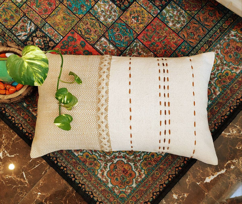 Chikonwala's Multi Fabric Aari Embroidered & Kantha Work Cushion Covers(Set of 2 || 30x50 cm)