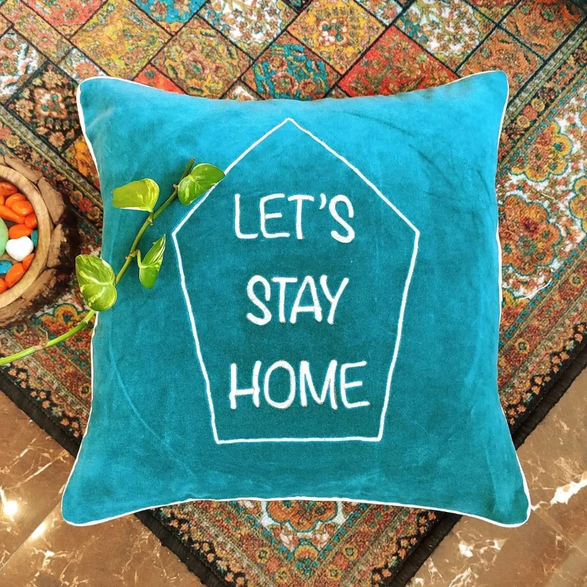 Chikonwala's Let's Stay Home Velvet Embroidered Cushion Covers(Set of 2 || 40x40 cm)