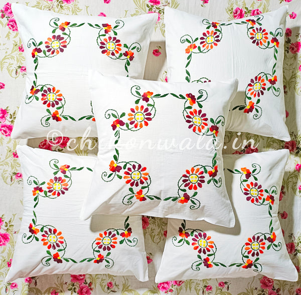 Hand Embroidered Cotton Cushion Covers (Set of 5)