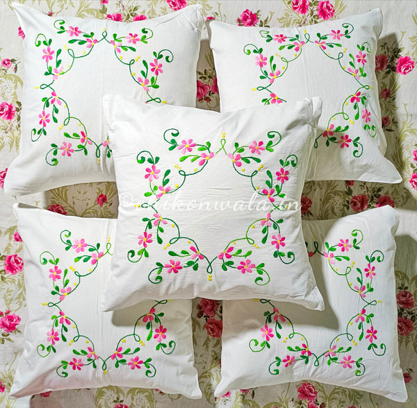 Hand Embroidered Cotton Cushion Covers (Set of 5)