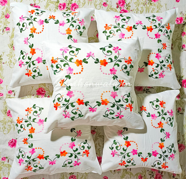 Hand Embroidered Cotton Cushion Covers (Set of 5)