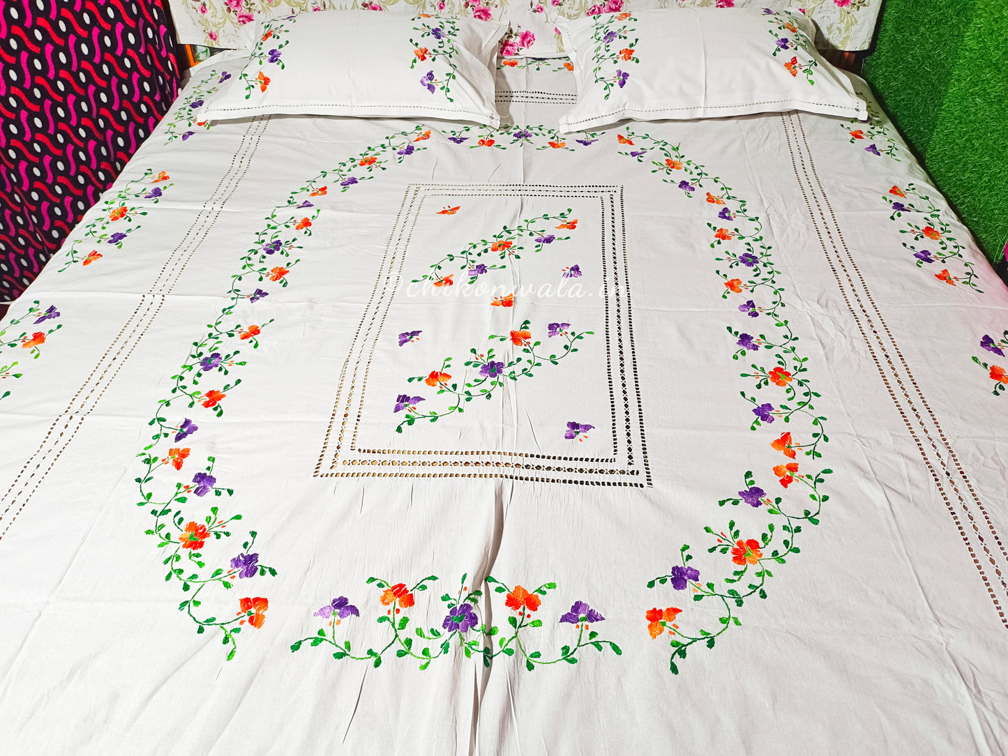 Chikonwala's Floral Embroidered Cotton Beading  Bedsheet