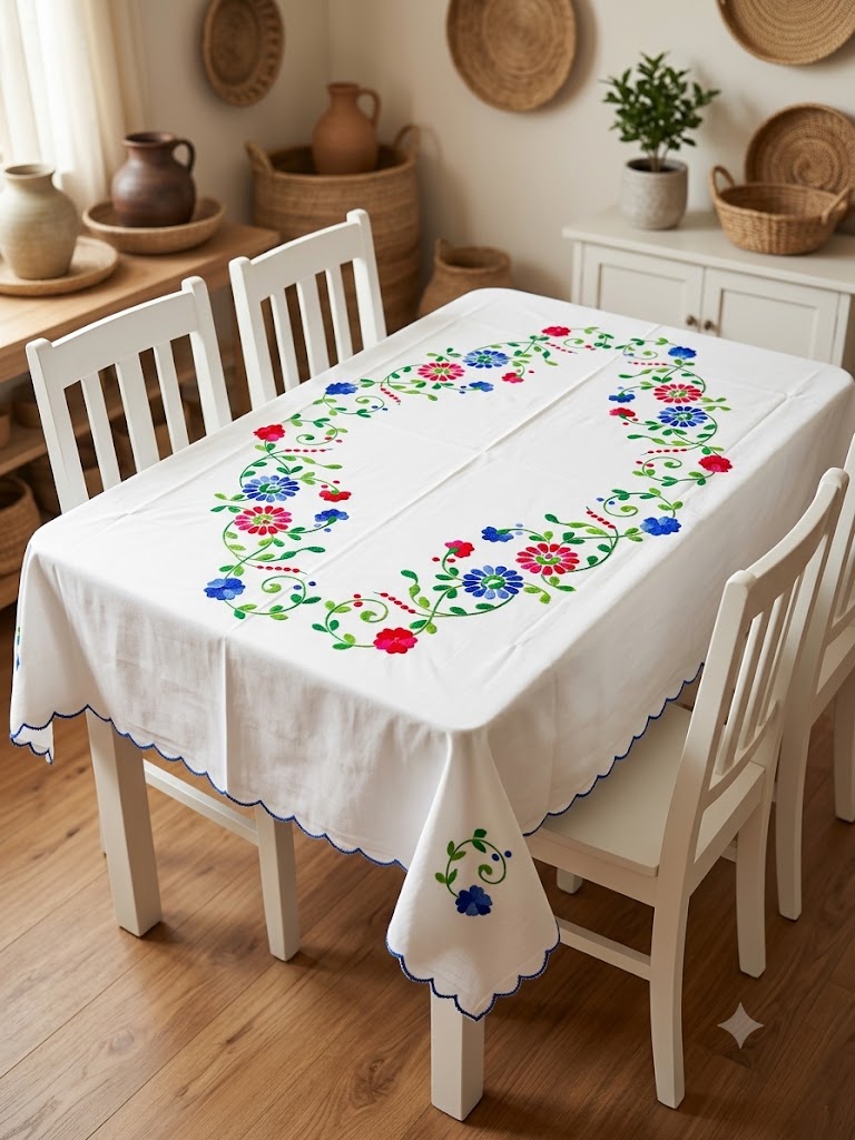 Hand Embroidered Four Seater Floral Table Cover