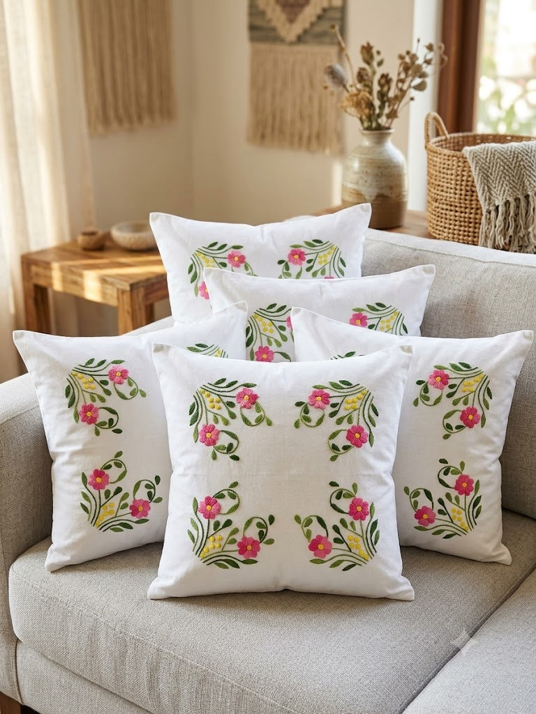 Hand Embroidered Cotton Cushion Covers (Set of 5)