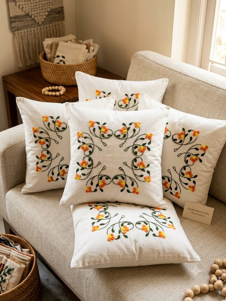 Hand Embroidered Cotton Cushion Covers (Set of 5)
