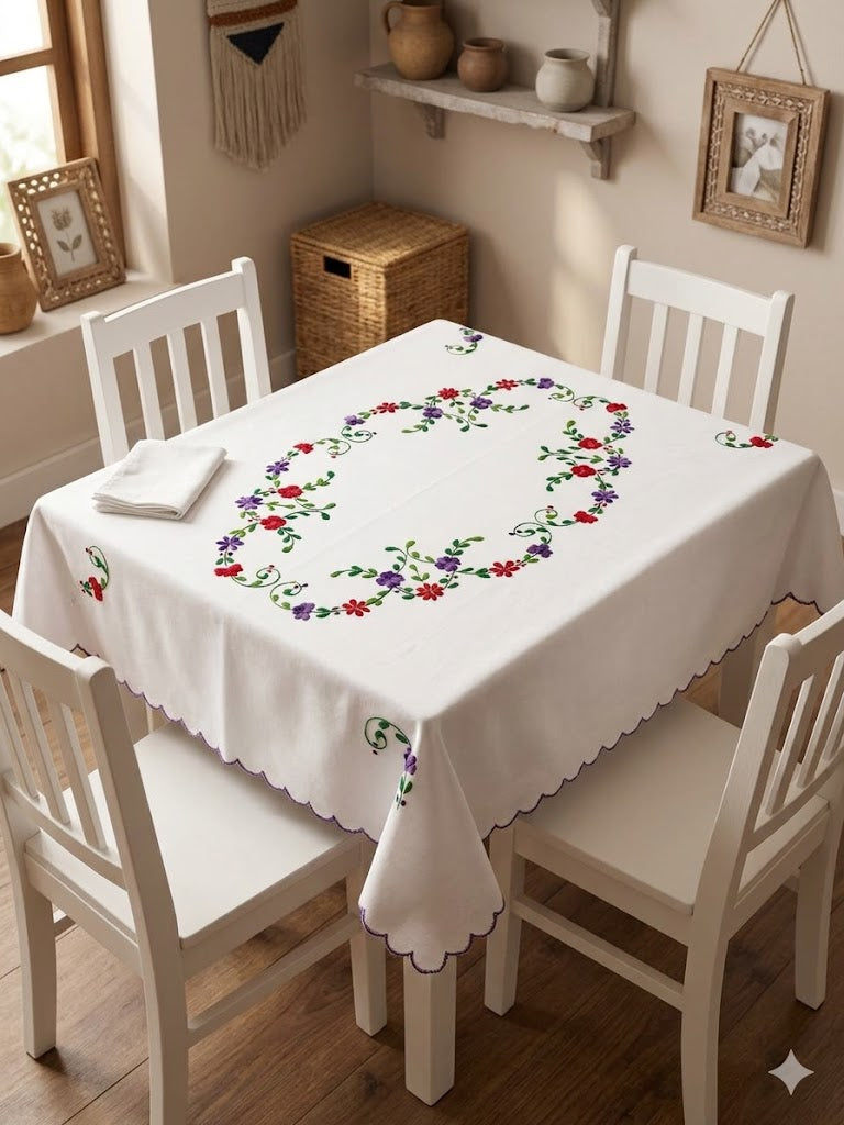 Hand Embroidered Four Seater Floral Table Cover