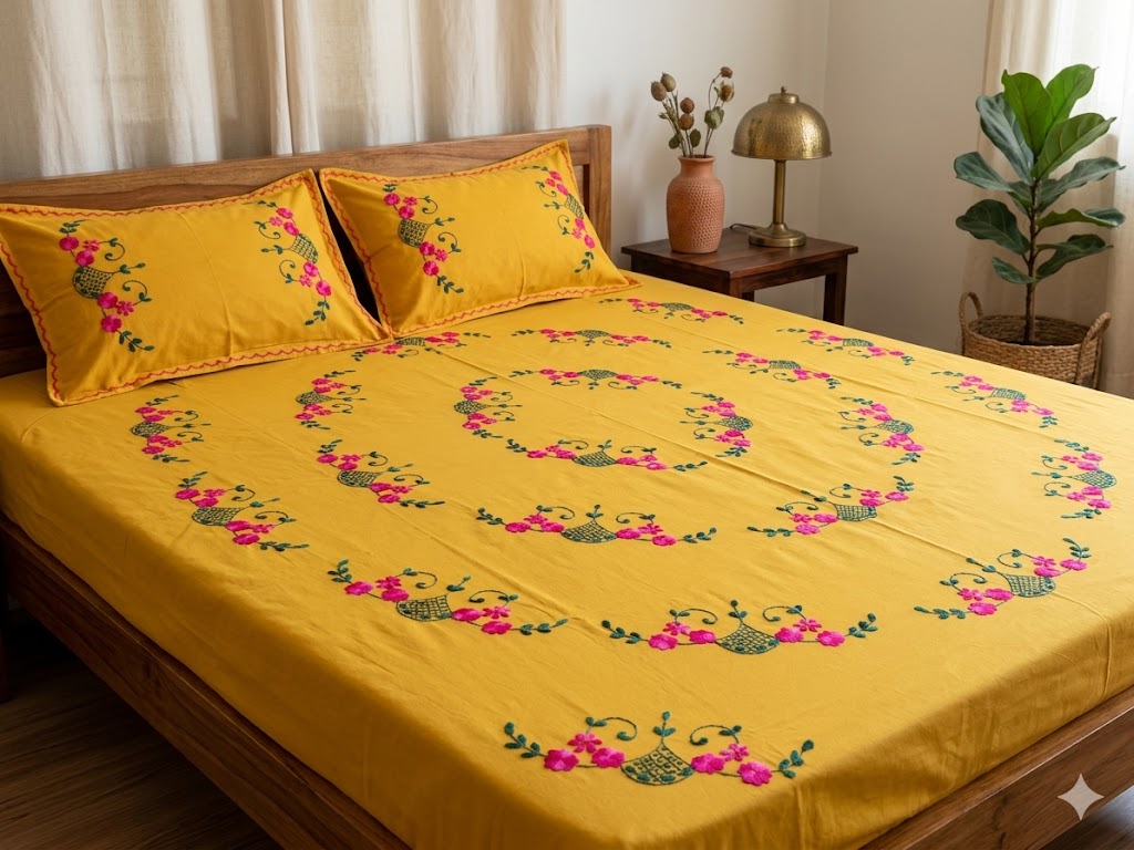 Chikonwala's Hand Embroidered Floral Design Bedsheet