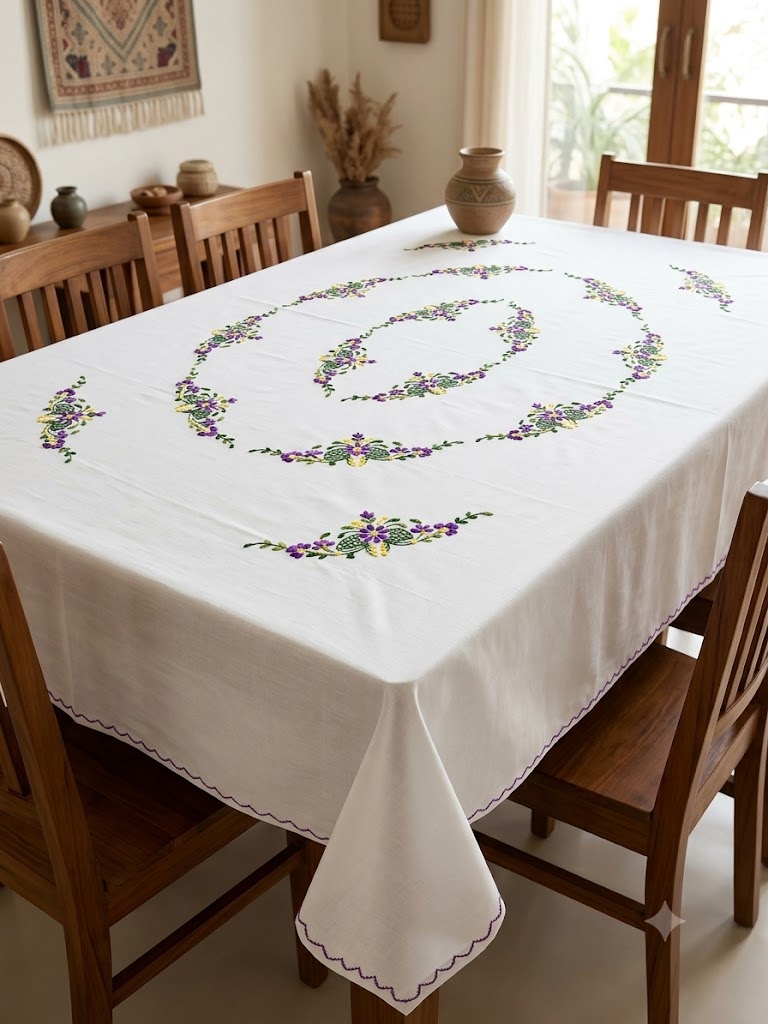 Hand Embroidered Floral Six Seater Table Cover