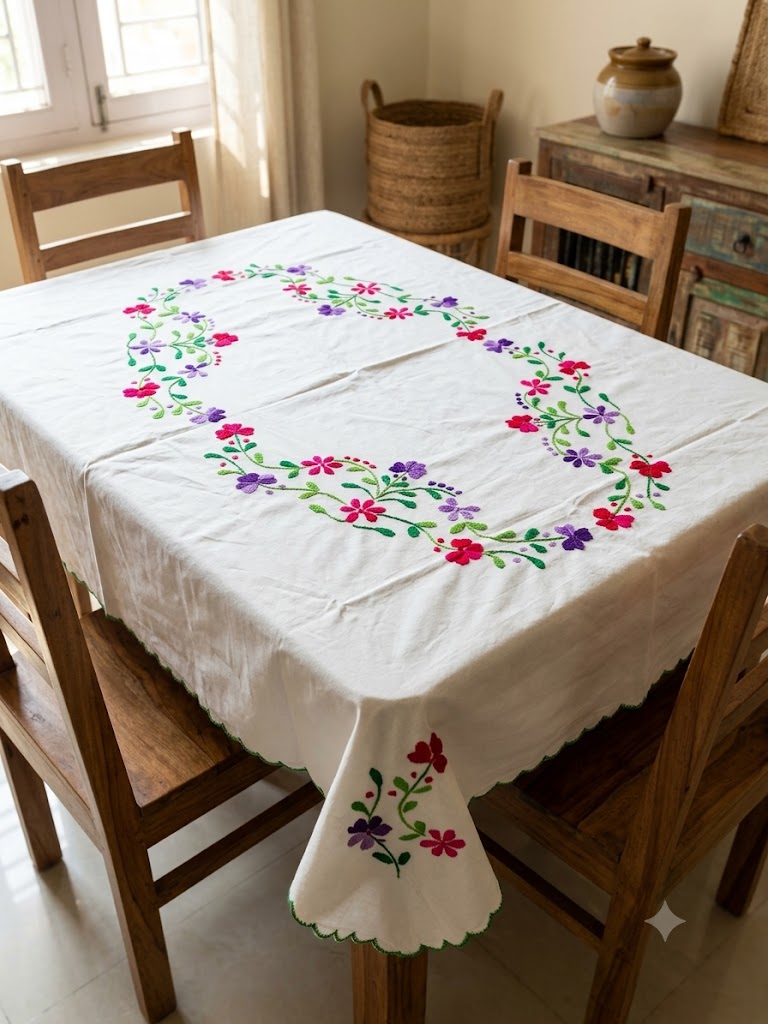 Hand Embroidered Four Seater Floral Table Cover