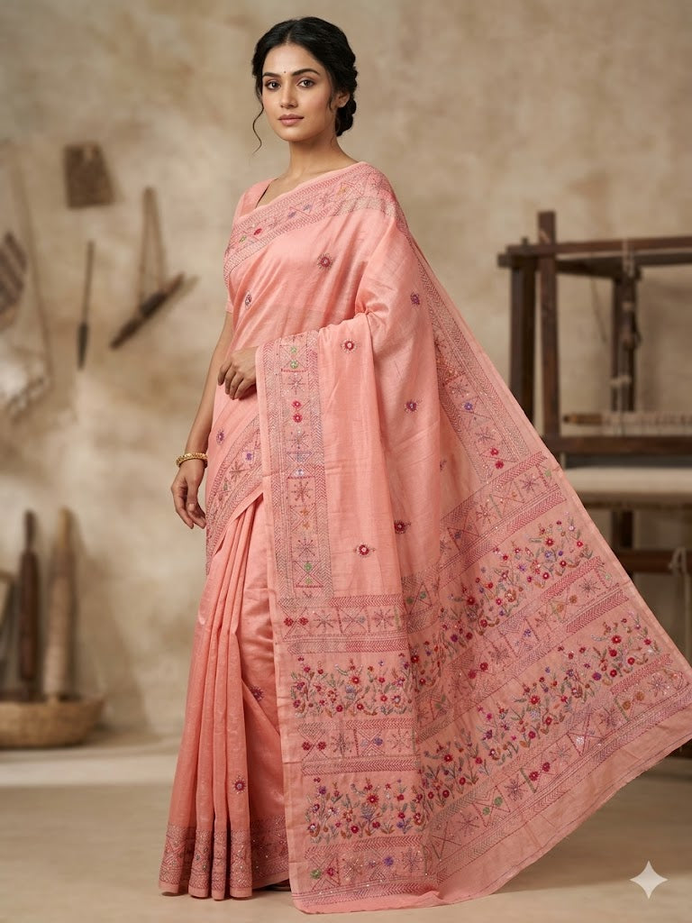 Premium Handcrafted Bullion Stitch Work Chanderi Saree with Blouse Piece