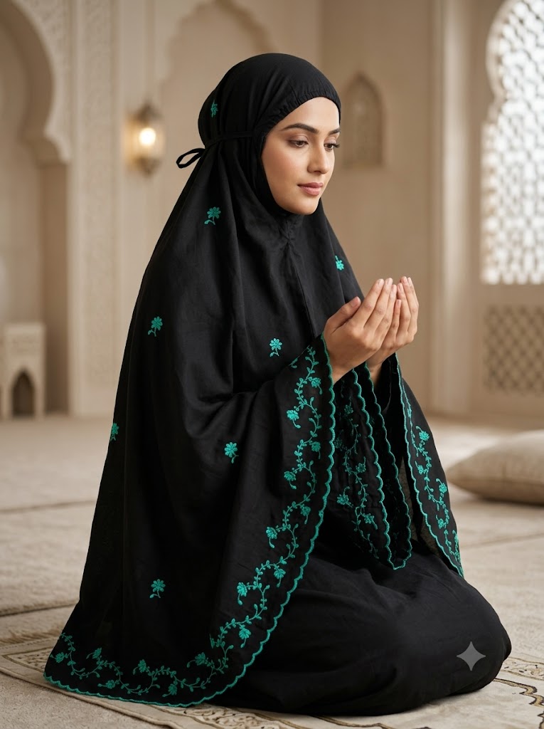 Chikonwala Hand Embroidered Cotton Islamic Namaz Hijab with Floral Embroidery