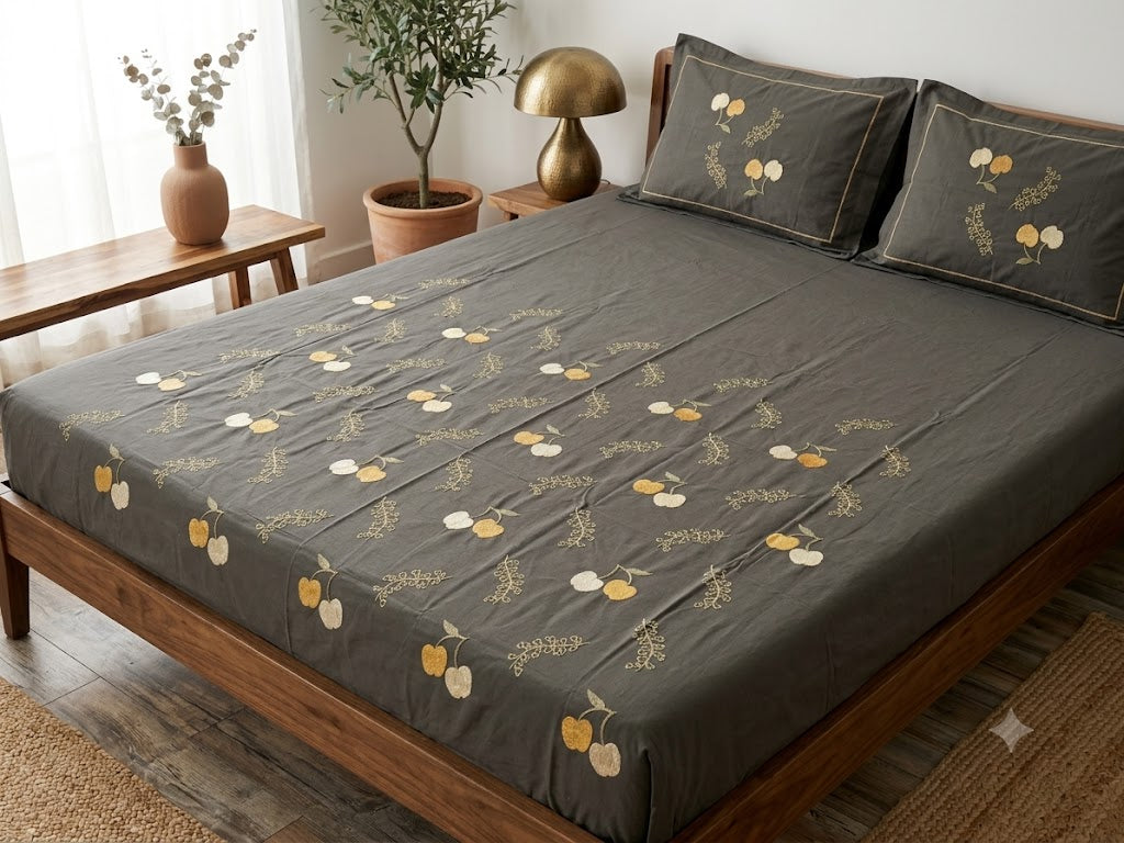 Premium Designer Embroidered Satin Cotton Bedsheet Set