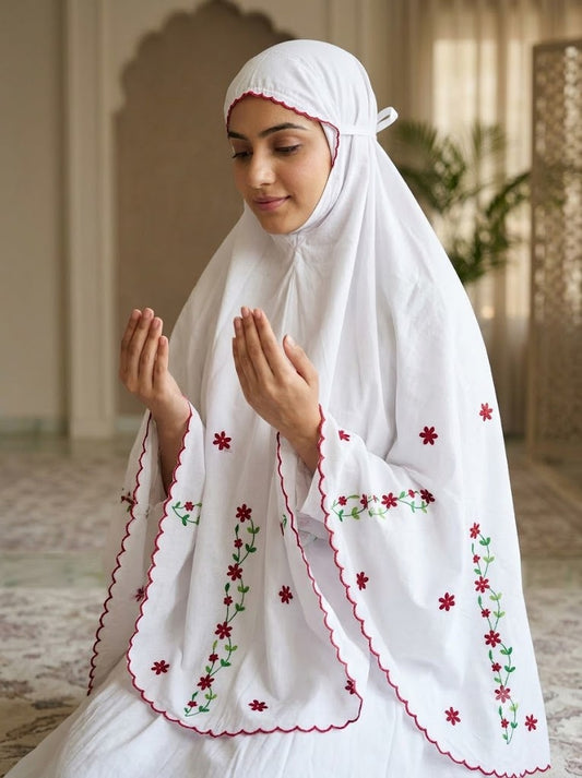 Chikonwala Hand Embroidered Cotton Islamic Namaz Hijab with Floral Embroidery