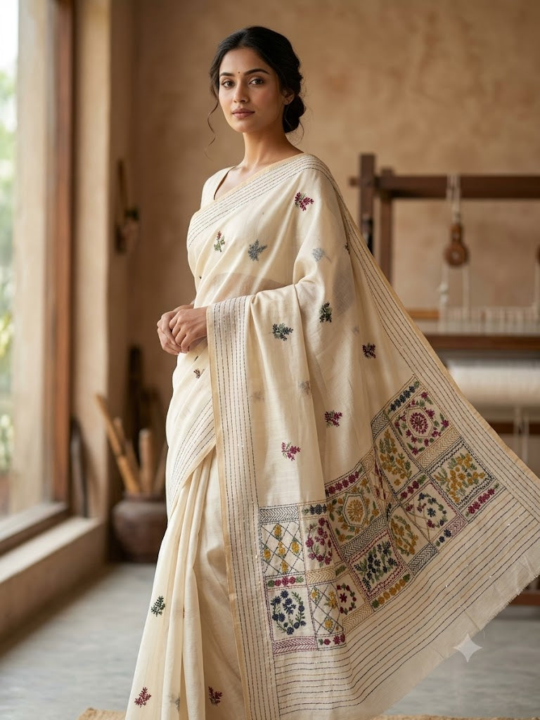 Premium Handcrafted Bullion Stitch Work Chanderi Saree with Blouse Piece