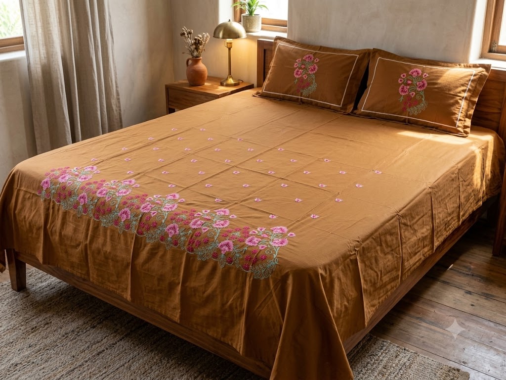 Premium Designer Embroidered Satin Cotton Bedsheet Set