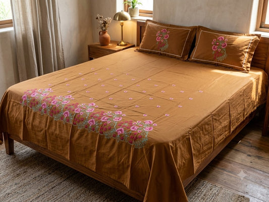 Premium Designer Embroidered Satin Cotton Bedsheet Set