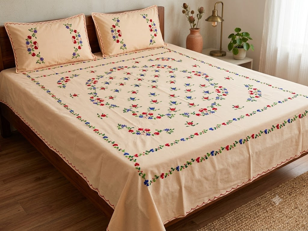 Chikonwala's Hand Embroidered Floral Design Bedsheet