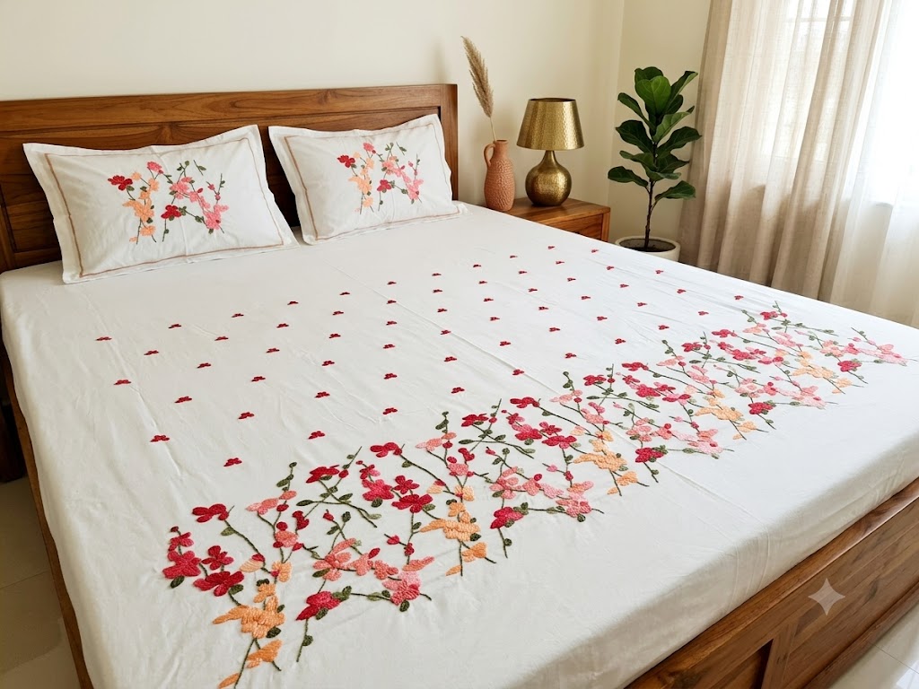 Premium Designer Embroidered Satin Cotton Bedsheet Set