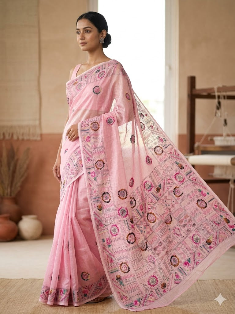 Premium Handcrafted Bullion Stitch Work Chanderi Saree with Blouse Piece