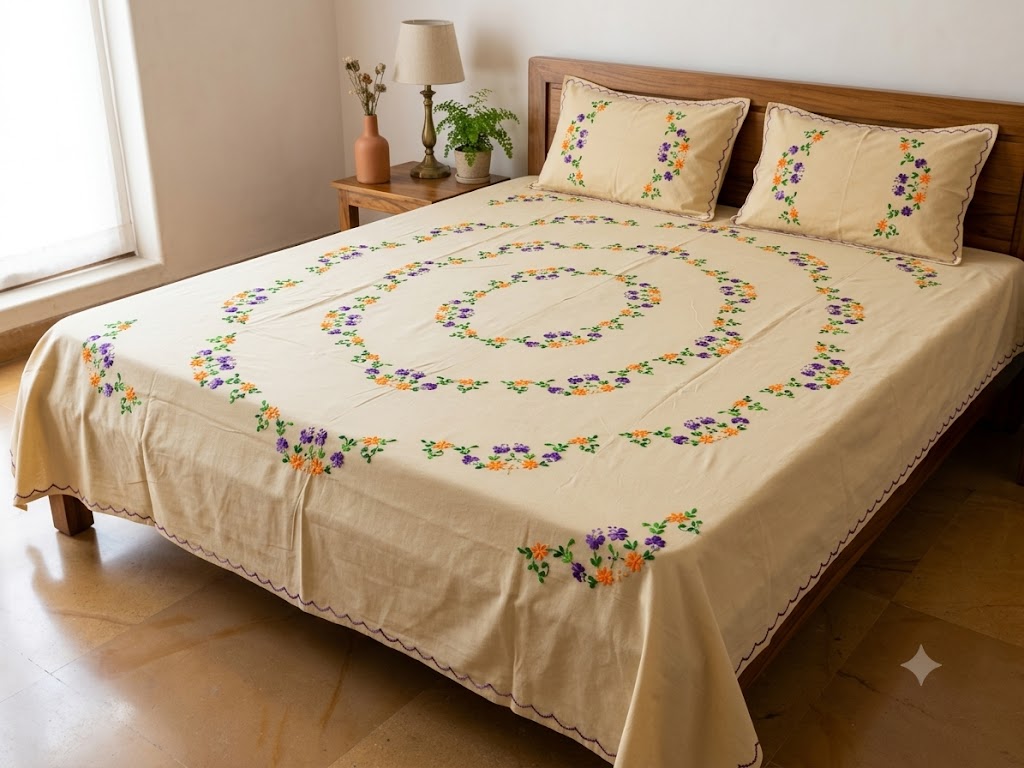 Chikonwala's Hand Embroidered Floral Design Bedsheet