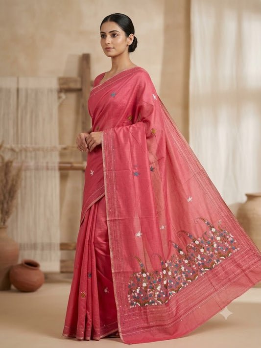 Premium Handcrafted Bullion Stitch Work Chanderi Saree with Blouse Piece